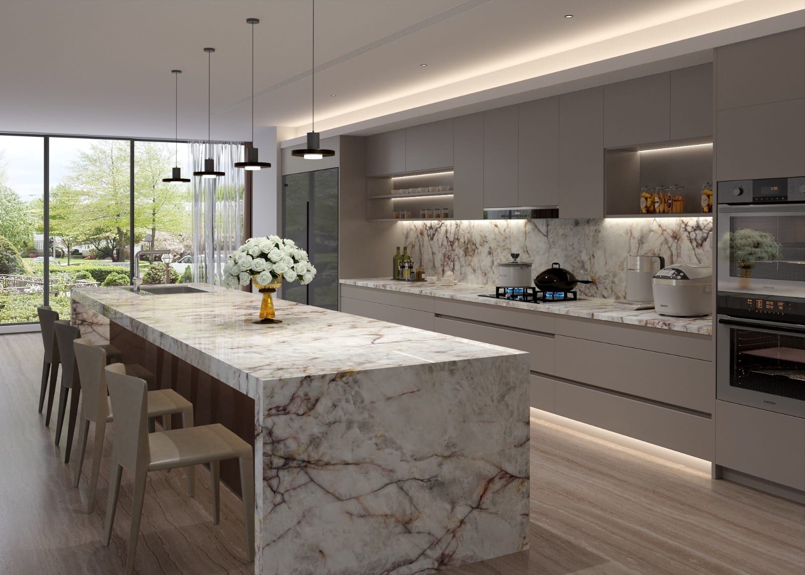 Modern kitchen with a dramatic white and beige Variant Surfaces marble waterfall island with rust-toned veining.